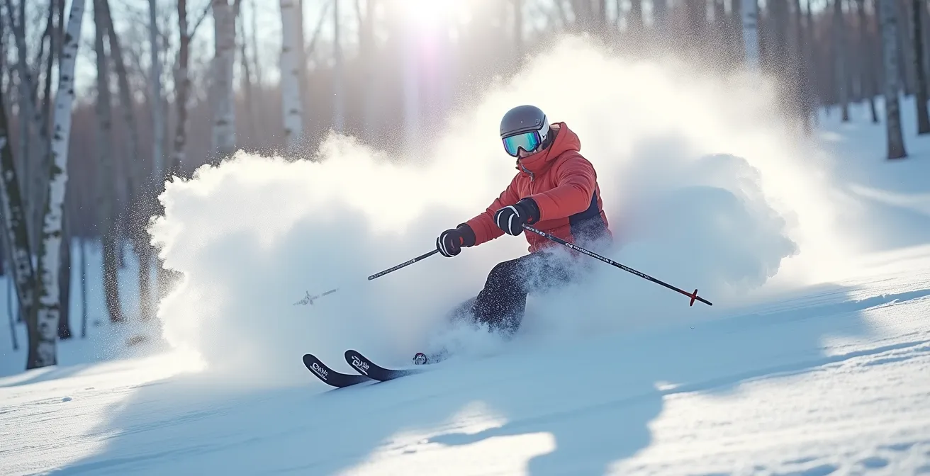 Position centrée du skieur en poudreuse profonde avec répartition du poids