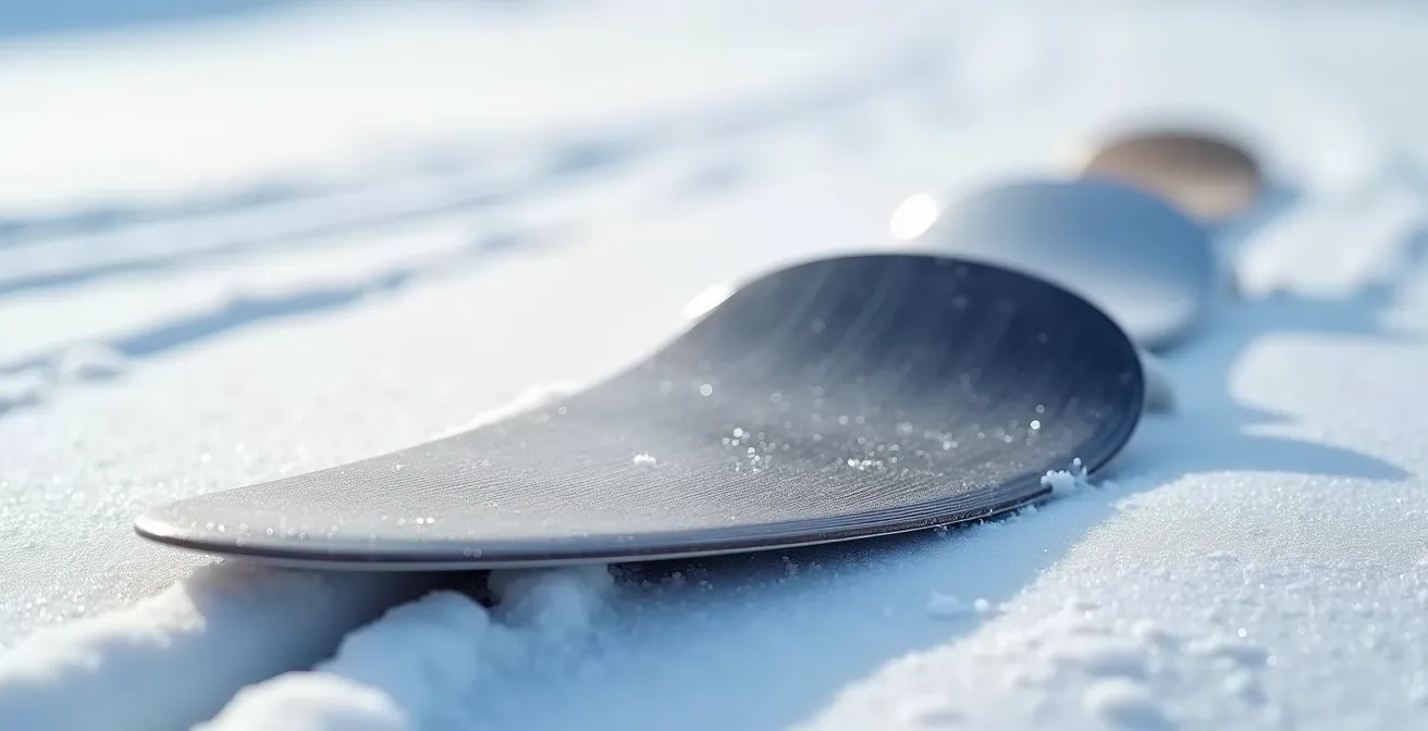 Vue macro détaillée de différents profils de cambre sur planches de snowboard