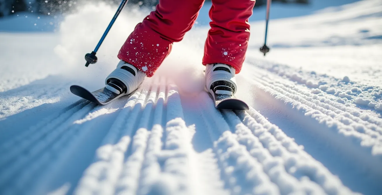 Vue macro sur les skis d'un enfant effectuant son premier virage dans la neige fraîche, traces nettes dans la poudreuse