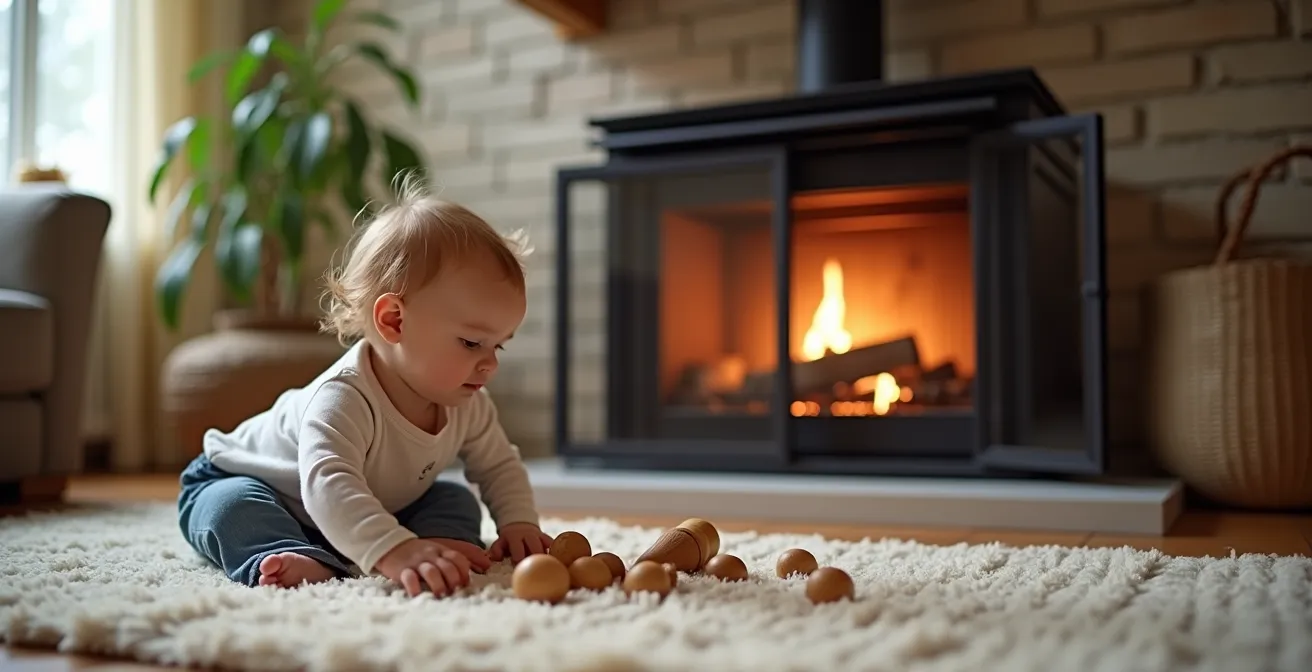Barrière de sécurité métallique installée devant un insert vitré avec un enfant qui joue à distance sécurisée