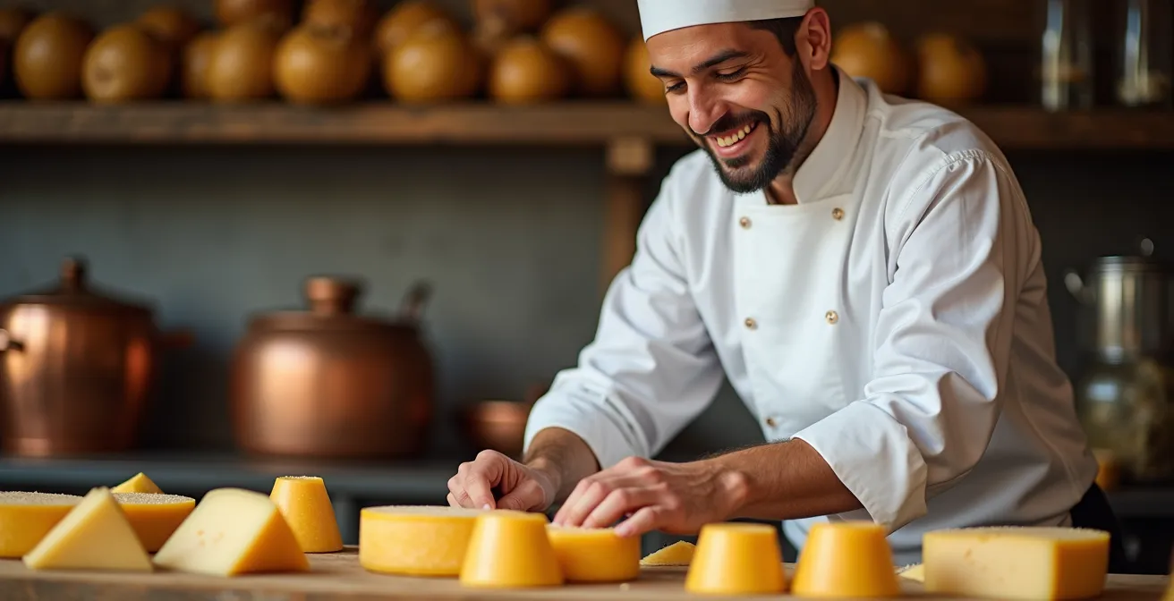 Cuisine ouverte de restaurant de montagne avec chef préparant une fondue traditionnelle