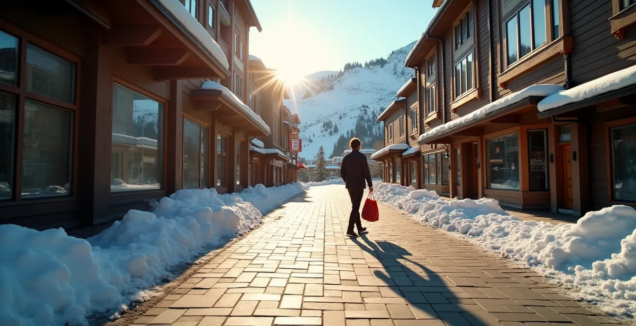 Vue de rue commerçante de station de ski déserte en milieu d'après-midi avec montagnes en arrière-plan