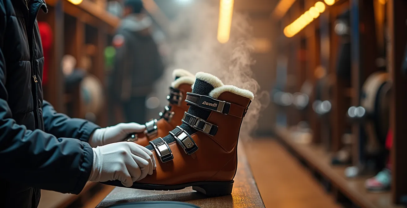 Espace ski room luxueux d'un palace avec équipements préparés et rangés