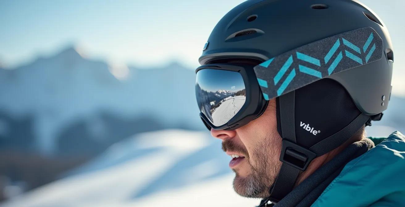 Gros plan sur un skieur portant un casque avec technologie audio à conduction osseuse