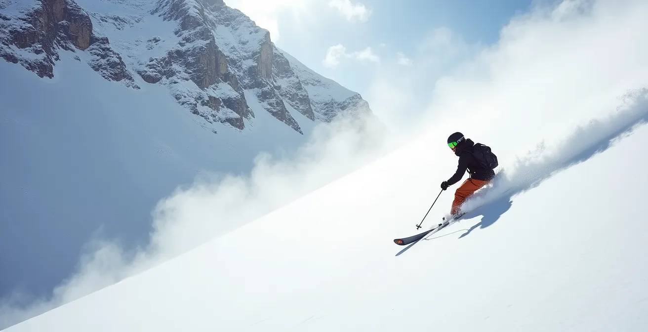 Skieur isolé traversant une pente vierge avec des signes visibles d'instabilité du manteau neigeux