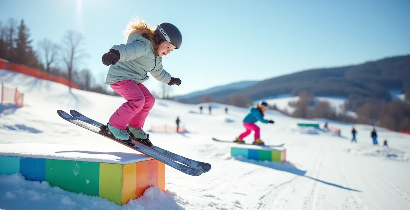 Vue d'ensemble d'un snowpark familial avec modules colorés adaptés aux débutants