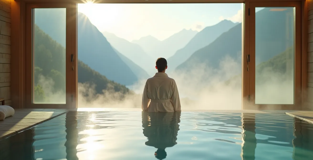 Intérieur apaisant d'un spa de palace avec piscine intérieure et vue montagne