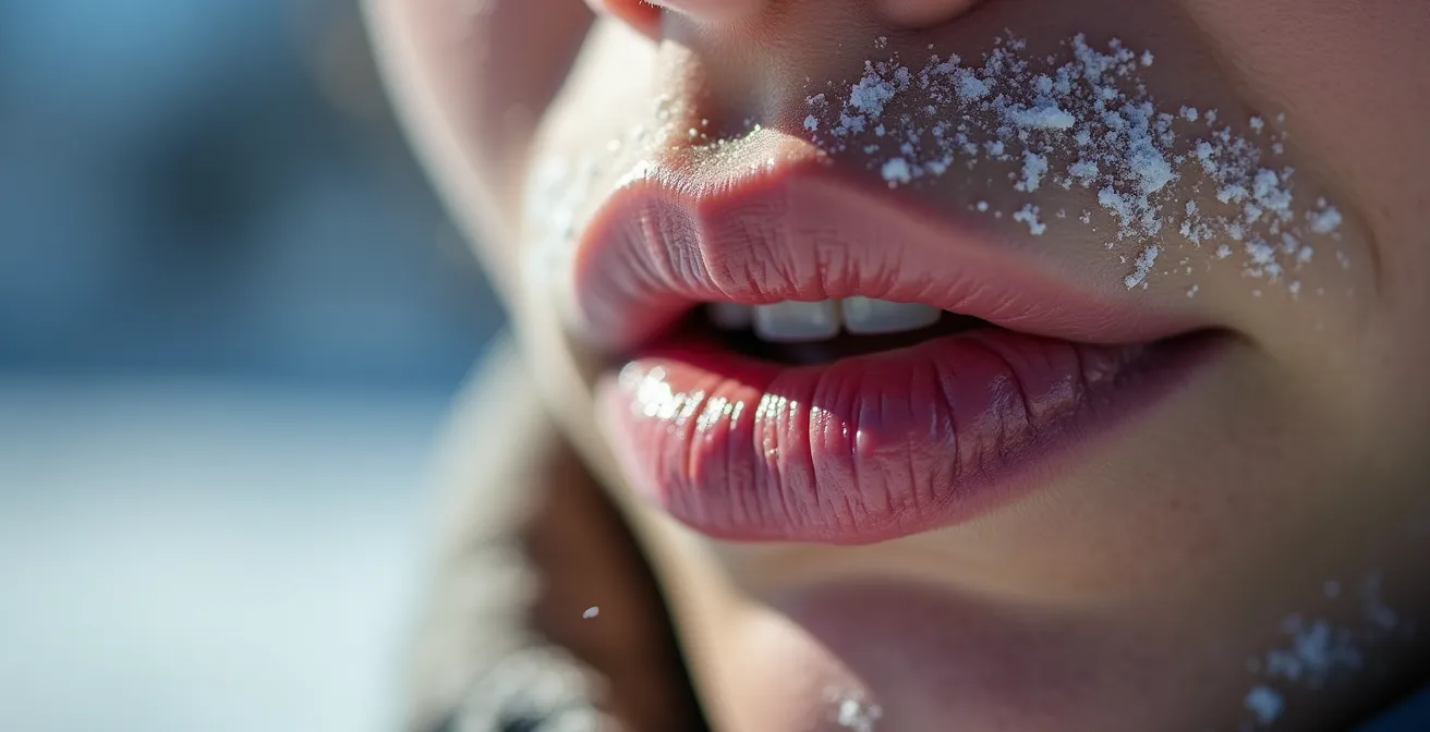 Gros plan macro sur des lèvres protégées avec un baume spécial montagne