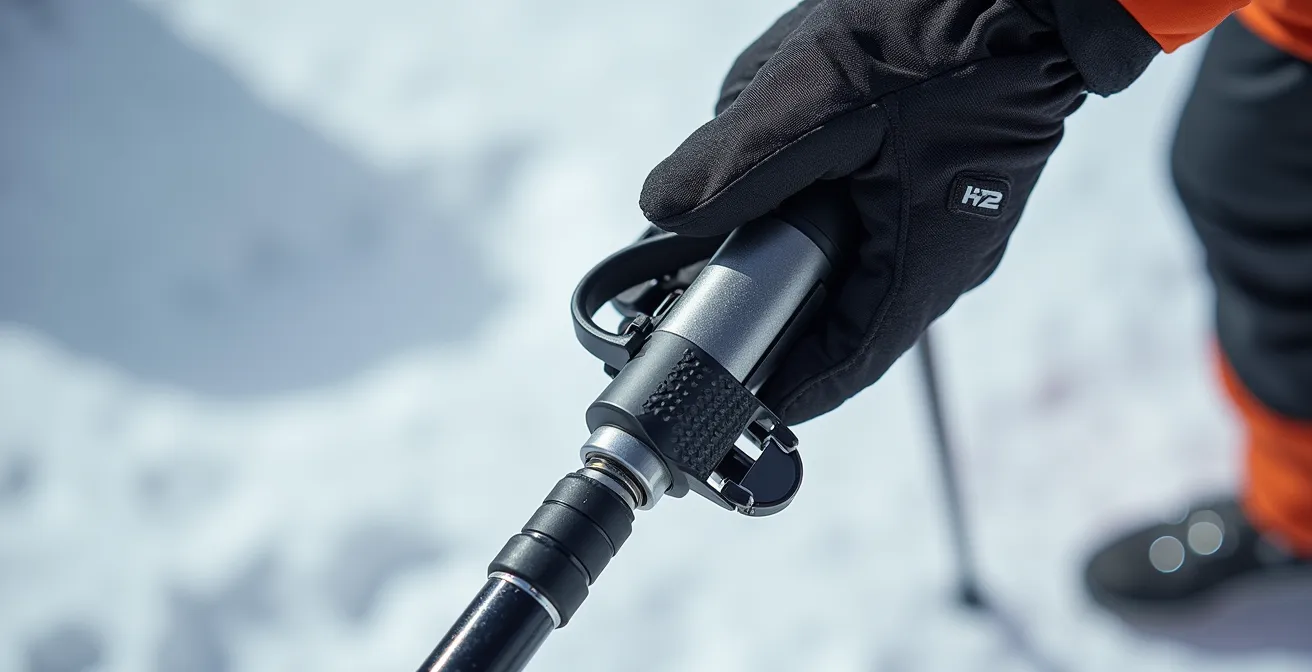 Gros plan sur un système de dragonne débrayable de sécurité sur bâton télescopique