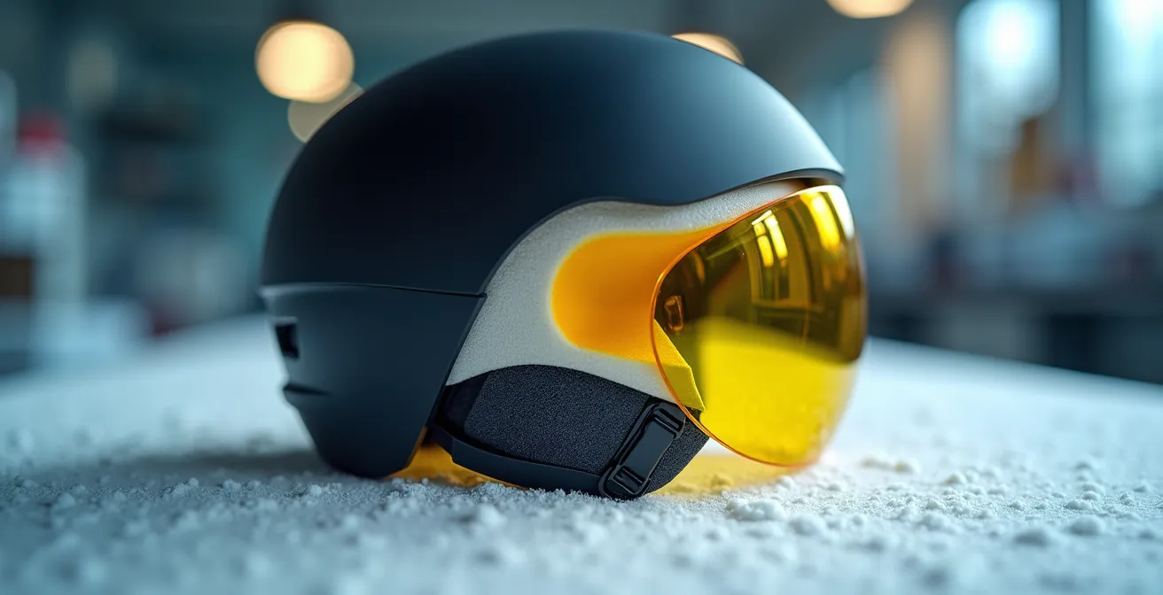 Vue en coupe d'un casque montrant la couche MIPS glissant indépendamment lors d'un impact oblique