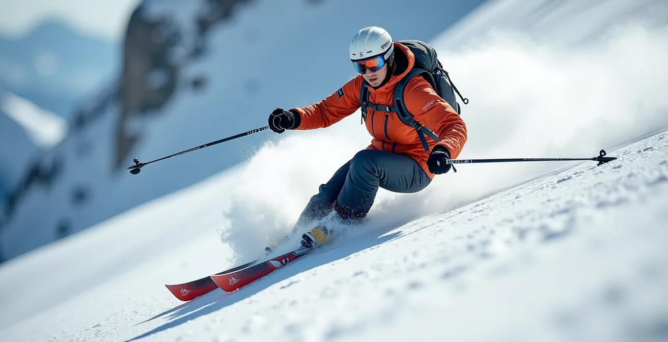 Skieur effectuant une conversion technique dans une pente enneigée à 30 degrés