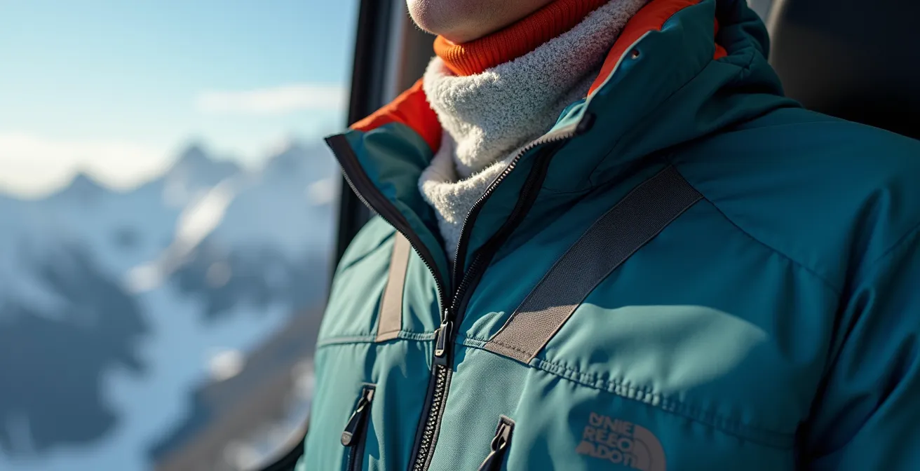 Gros plan sur les différentes couches de vêtements d'une personne en montagne, montrant la technique de l'oignon avec trois couches visibles