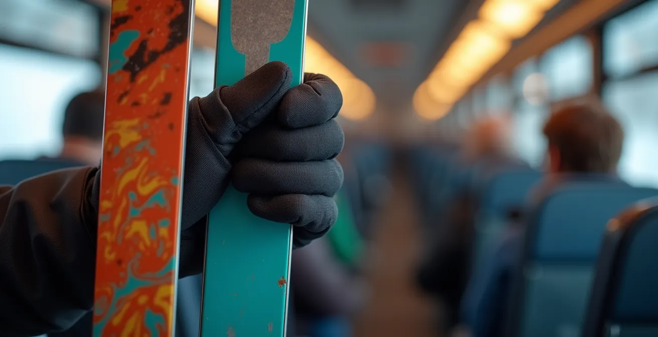 Gros plan sur des mains tenant des skis à la verticale avec sangles velcro dans un bus bondé