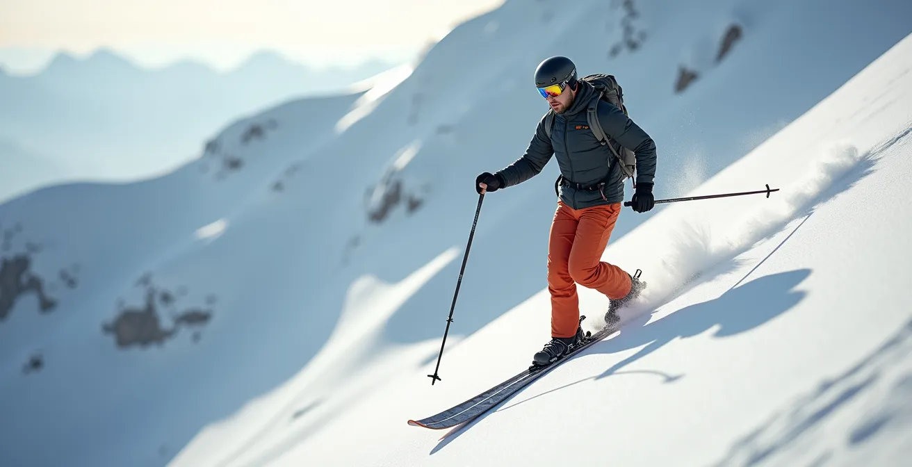 Skieur en traversée montrant le réglage asymétrique des bâtons sur pente latérale