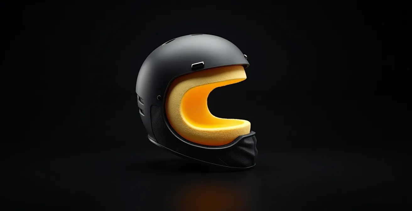 Coupe transversale d'un casque de ski montrant la couche MIPS et son mouvement lors d'un impact