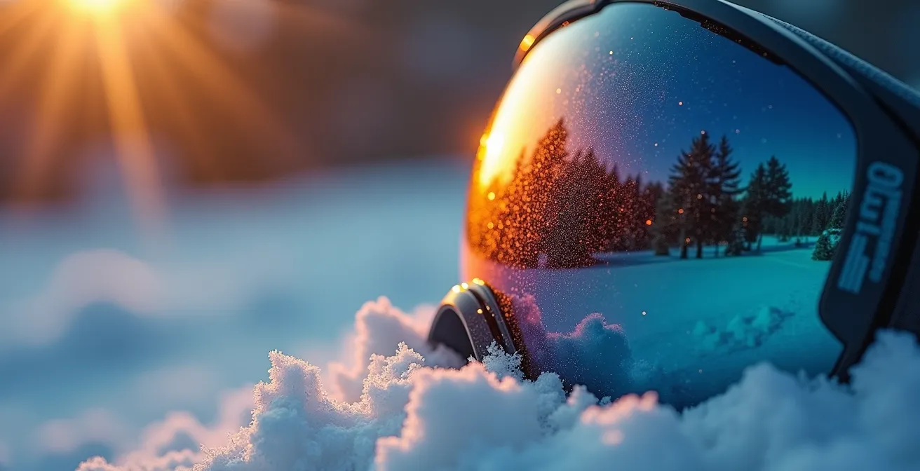 Gros plan sur un masque de ski avec traitement anti-buée et chiffon microfibre