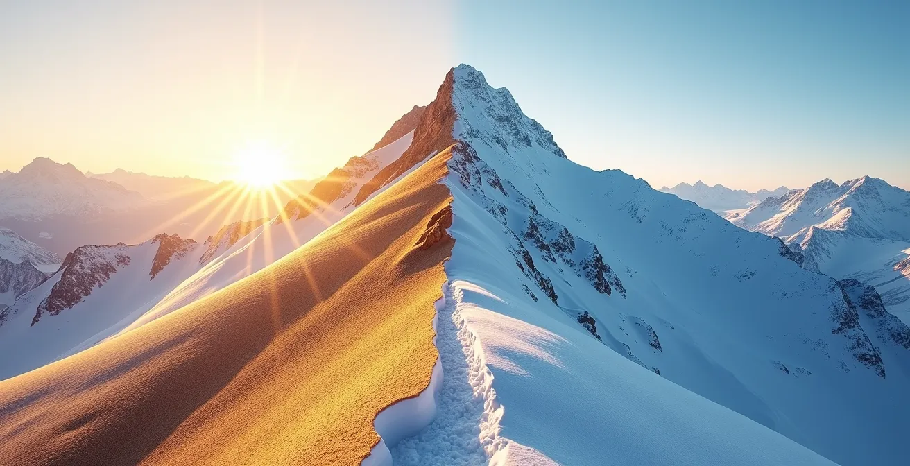 Vue aérienne d'une montagne montrant les différents versants avec leurs expositions au soleil
