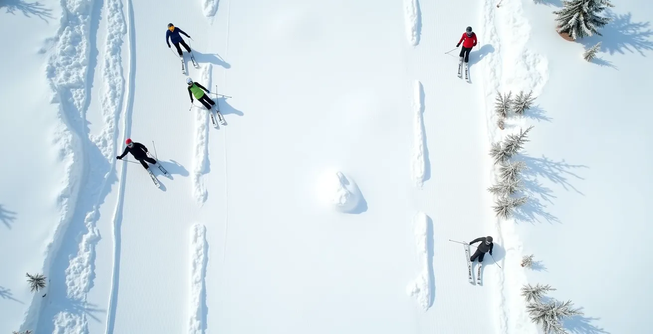 Vue aérienne d'une piste de ski montrant les zones sûres et dangereuses pour s'arrêter