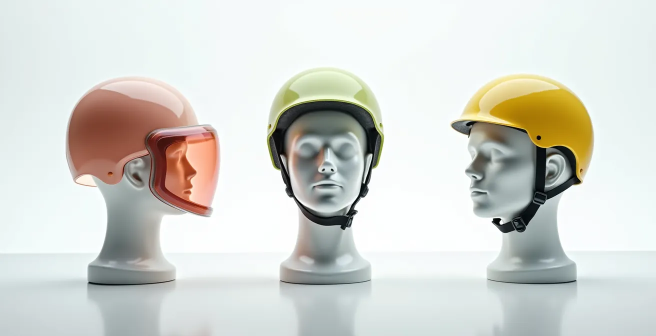 Trois silhouettes de tête montrant les zones de protection différentes selon les normes de casques