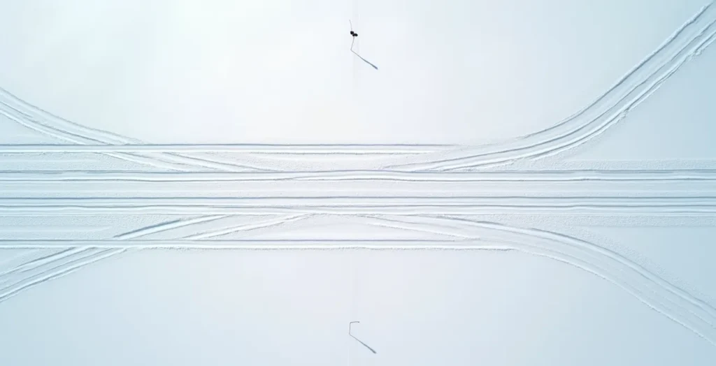Diagramme visuel montrant l'augmentation exponentielle de la distance de freinage selon la vitesse et les conditions de neige Diagramme visuel montrant l'augmentation exponentielle de la distance de freinage selon la vitesse et les conditions de neige